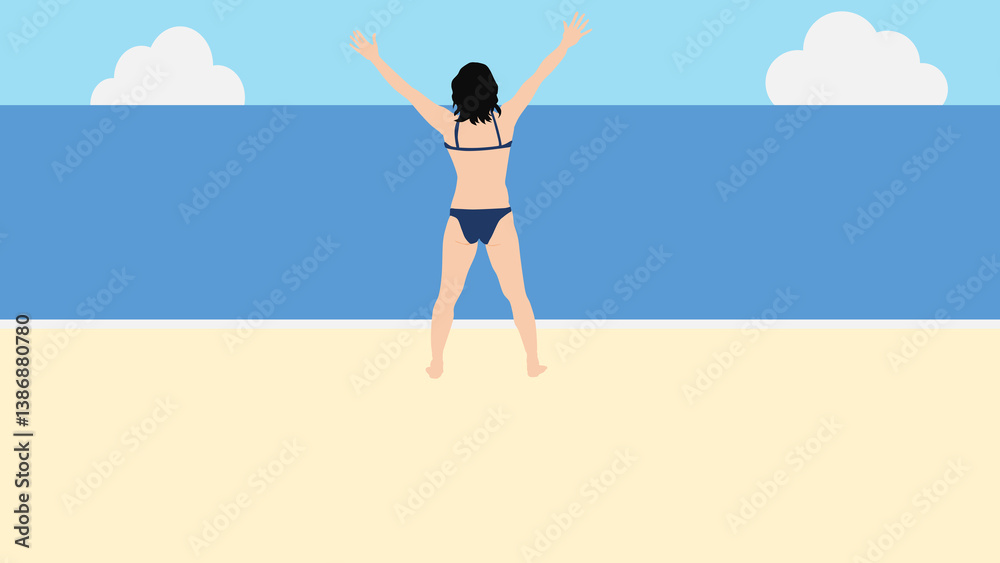 Obraz premium 浜辺で夏休みを満喫する女性のイラスト(海水浴)