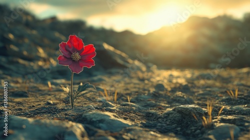 Crimson bloom defying a desolate landscape under a golden sunset