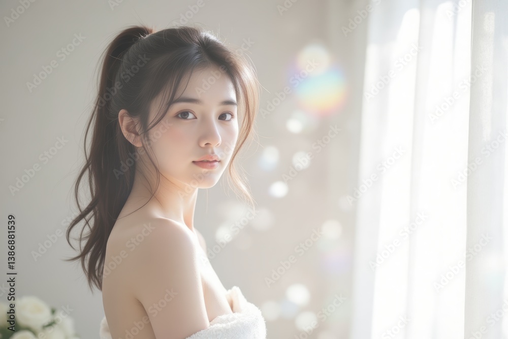 Serene Asian Woman Portrait Wrapped in Towel with Soft Light, Beauty & Spa Concept Serene Asian Woman Portrait Wrapped in Towel with Soft Light, Beauty & Spa Concept