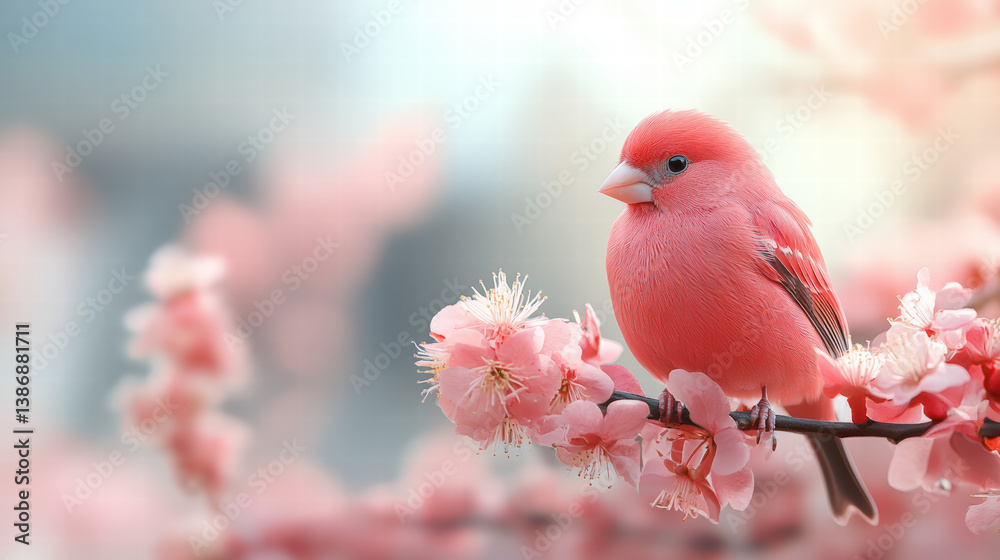 vibrant pink bird perched blooming branch, surrounded by delicate pink flowers, creates serene and picturesque scene. soft focus background enhances beauty of nature, evoking sense of tranquility vibrant pink bird perched blooming branch, surrounded by delicate pink flowers, creates serene and picturesque scene. soft focus background enhances beauty of nature, evoking sense of tranquility
