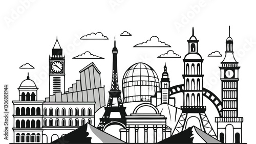 Black and White Sketch of Iconic World Landmarks. Minimalist line art featuring Eiffel Tower, Colosseum, Taj Mahal, Statue of Liberty, and more in a clean row on White Background
