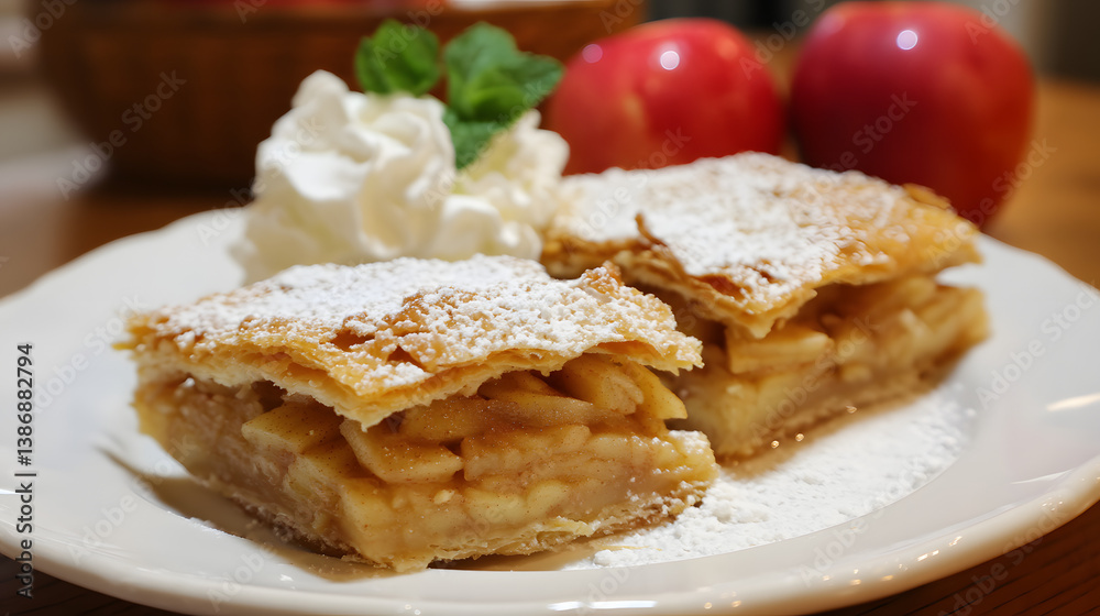 Delicious Polish Apple Pie Slices with Whipped Cream and Fresh Apples on a Rustic Table Setting Delicious Polish Apple Pie Slices with Whipped Cream and Fresh Apples on a Rustic Table Setting