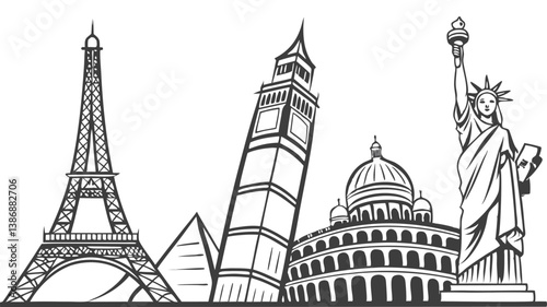 Black and White Sketch of Iconic World Landmarks. Minimalist line art featuring Eiffel Tower, Colosseum, Taj Mahal, Statue of Liberty, and more in a clean row on White Background