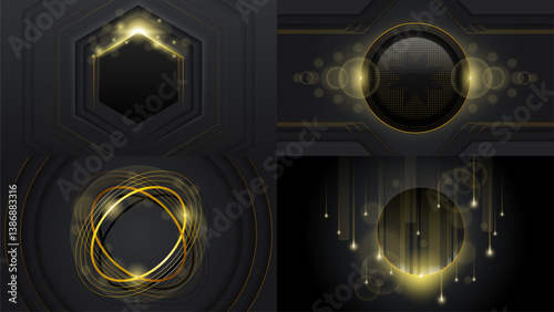 Set Abstract Collection Dark Black Gold Material Modern Background With Golden Lines Stripes Shadows Backdrop Wallpaper Decoration Vector Design Style