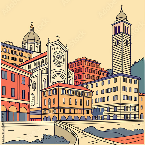Genoa, Italy city skyline with colorful buildings in a vibrant vector illustration.