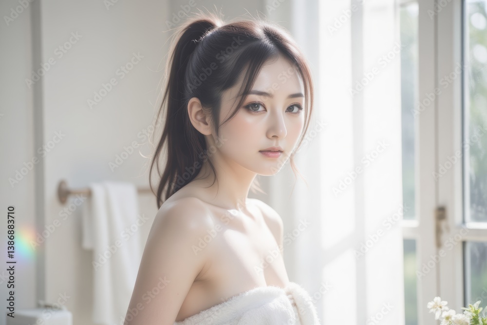 Beautiful Asian Woman Wrapped in Towel in Bright Bathroom Beautiful Asian Woman Wrapped in Towel in Bright Bathroom