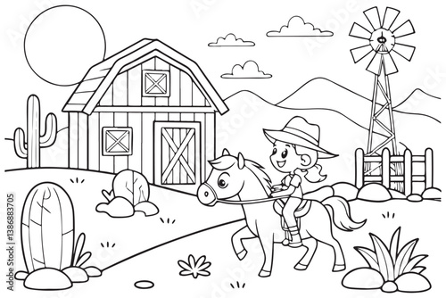 Colorful Cowboy Adventure, Fun Western Scene for Kids, Printable Farm Coloring Page.