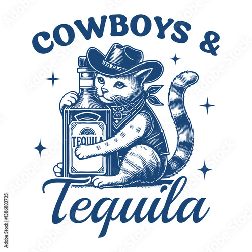 Cowboys and Tequila - Funny cat t-shirt design sublimation, Vintage animal t-shirt design, animal sayings typography shirt
