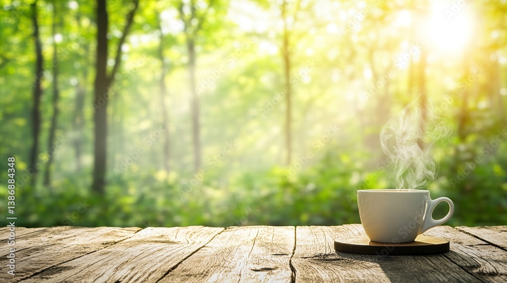 Steaming cup of coffee on old wooden table with blurred natural background. Sunlight through trees creates bokeh and lighting. Serene forest, peaceful morning atmosphere. Steaming cup of coffee on old wooden table with blurred natural background. Sunlight through trees creates bokeh and lighting. Serene forest, peaceful morning atmosphere.