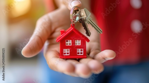 Closeup agent property give home key chain to customer, buy or sell real estate concept. Generate AI