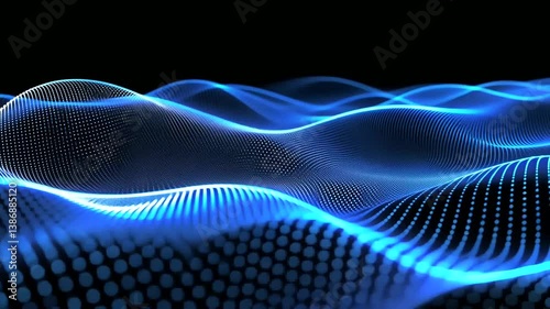 Abstract blue wave patterns create a dynamic visual effect against a dark background