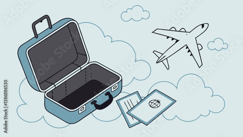 Digital Illustration of Blue Suitcase with Airplane, Passport, and Tickets. Modern travel concept with clouds on light blue background and realistic textures