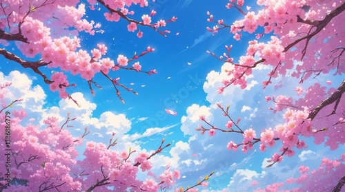 The illustration depicts a vibrant, peaceful scene with a clear blue sky, pink cherry blossom branches, soft white clouds, and a dreamy atmosphere in anime style.