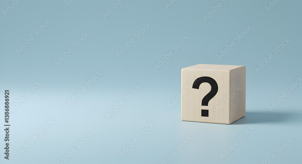 Wooden Cube with Question Mark on Light Blue Background Highlighting Uncertainty Wooden Cube with Question Mark on Light Blue Background Highlighting Uncertainty