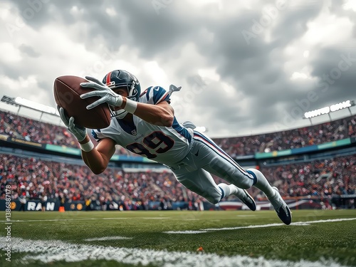 American football player diving to catch the ball in action in the stadium