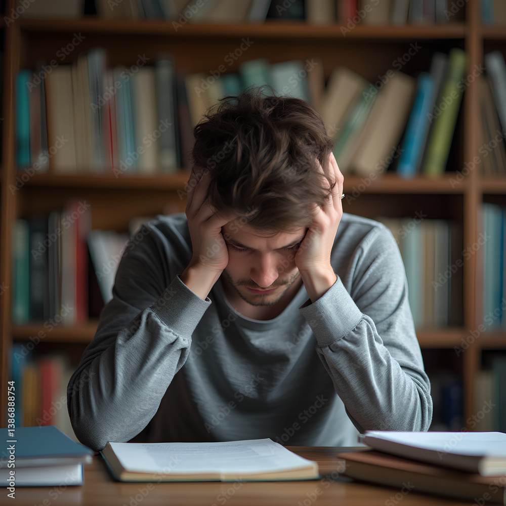 Stressed Student Holding Head Over Open Book in Library, Generative AI Stressed Student Holding Head Over Open Book in Library, Generative AI