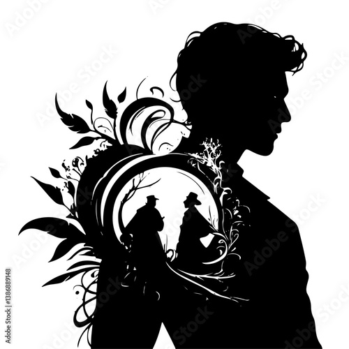 Inner Worlds: Silhouette with Floral Fantasy and silhouette of a man with design and white background