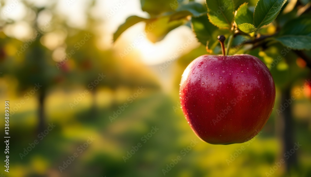 Fresh red apple hanging on a tree in sunny orchard Fresh red apple hanging on a tree in sunny orchard