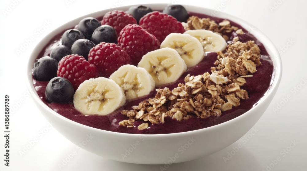 A fresh acai bowl with bananas, granola, and berries. Featuring health and vitality A fresh acai bowl with bananas, granola, and berries. Featuring health and vitality