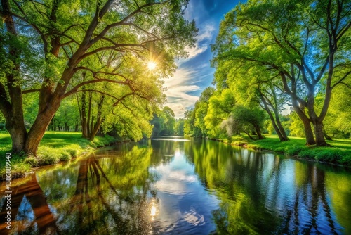 Serene River Landscape: Trees, Water, Nature Photography