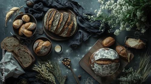 Artisanal bread selection in a rustic setting with flowers and linen