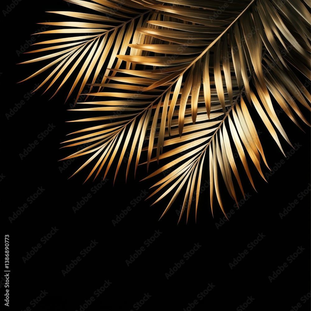Obraz premium Tropical golden palm leaves on black background vector Beautiful botanical design with tropic jungle rainforest date palm leaf, exotic plant design with copyspace for sale flyer, cosmetic banner