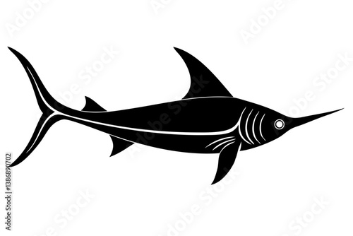 Black and White Swordfish Silhouette Icon with Minimalist Design, swordfish silhouette, black white, minimalist design, swordfish icon, swordfish graphic, swordfish illustration, swordfish clipart