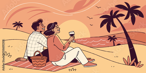 Tropical beach sunset silhouette illustration of a loving couple under a palm tree, enjoying their summer vacation by the sea