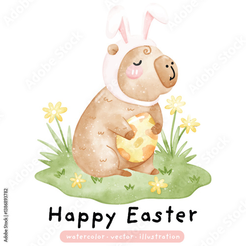 Happy Easter Capybara in bunny ears. Easter watercolor. Capybara vector illustration
