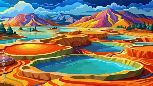 Colorful mineral-rich hot spring pools forming vibrant patterns in a volcanic landscape.