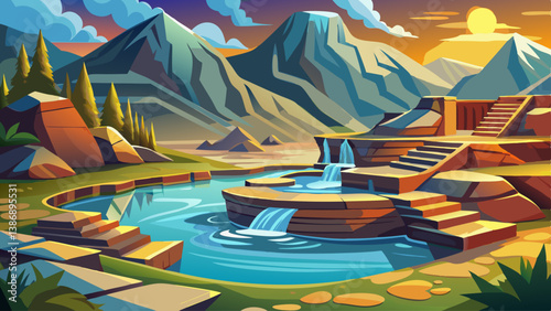 A mountainside hot spring with stone steps and flowing geothermal water in a peaceful setting.