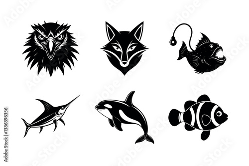 Set of Black and White Silhouettes of Aquatic and Terrestrial Animals