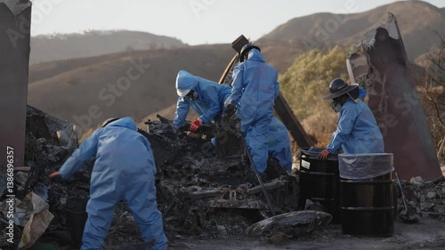 Palisades fire clean up crew in hazmat suits