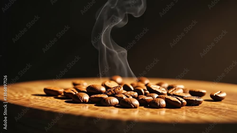 Roasted Coffee Beans: Aromatic Steam Rising from Dark Brown Beans on Wooden Surface