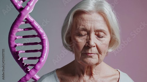 Profile portrait of senior woman with closed eyes. DNA double helix structure in gentle pastel background. Concept of genetic research, biotech ageing, anti-age, gerontology science, skin care