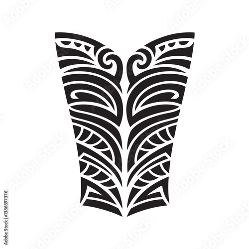 Tribal tattoo design, black ink, sharp and curved lines, symmetrical, intricate details, bold and high contrast, arm sleeve tattoo, Polynesian or Maori style, vector illustration on a white background