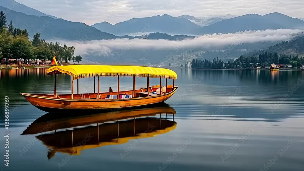 Traditional Boat on Calm Lake with Mountain Reflections and Misty Landscape

