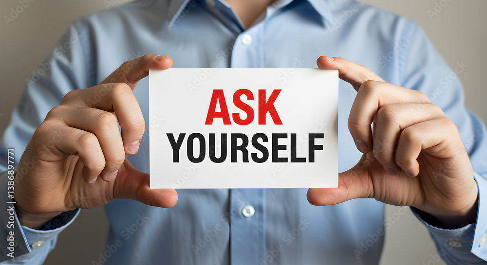 Hands Holding White Card with Red Ask and Black Yourself Text on Light Blue Shirt Hands Holding White Card with Red Ask and Black Yourself Text on Light Blue Shirt