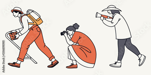 Tourist Illustrations: A trio of stylized illustrations depicting tourists engaged in various activities, from taking photos to exploring the cityscape with a picnic basket in hand.