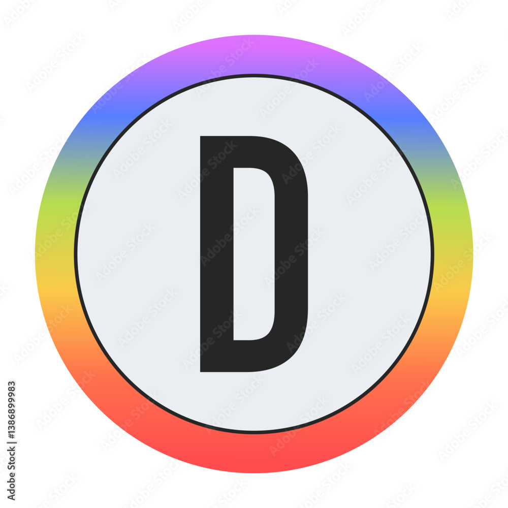 Colorful Capital Letter D in a Circle on Black: Purple, Blue, Green, Yellow, Orange, Red. Bold Typography. Design Element for Education, Branding, Creative Projects