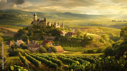 A beautiful countryside with a small village and a castle with cloudy sky background