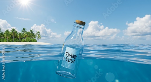 Fototapeta Naklejka Na Ścianę i Meble -  Thank You Message in a Bottle on Tropical Island Waters