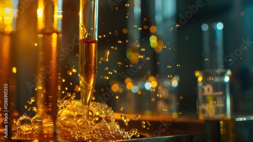 Closeup chemical oil dropping at laboratory and science experiment industry products. Generated AI