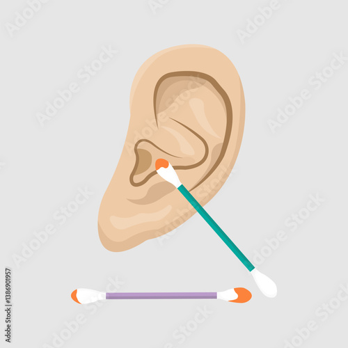 vector of ear lobe being cleaned of earwax using cotton bud