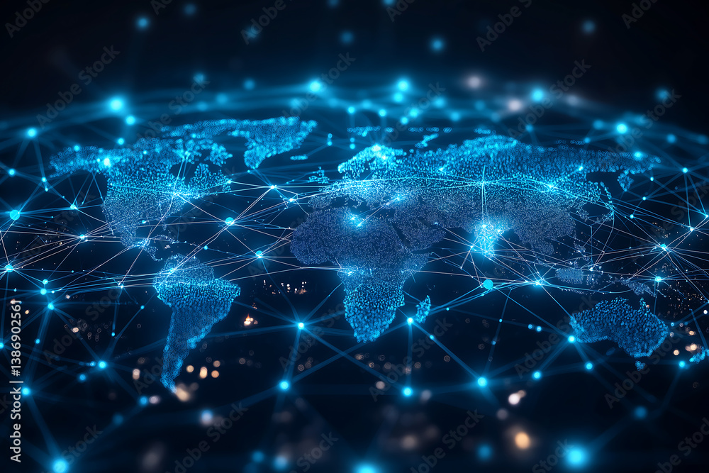 global map illustration with lines and nodes interconnected with each other, generative ai