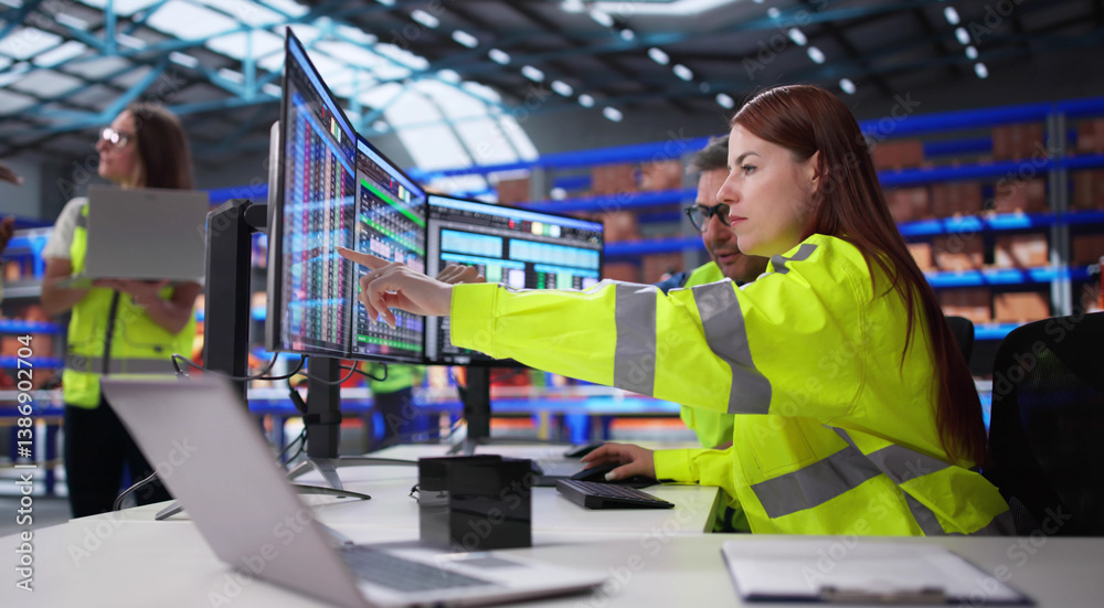 Inventory Manager Inputs Data On Computer Screen In Warehouse Office