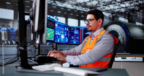 Obraz na płótnie Latino Engineer Monitors Oil Refinery Plant's SCADA System w salonie