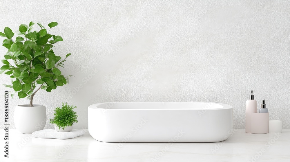 Fototapeta premium Modern, minimalist bathroom with a freestanding tub and greenery