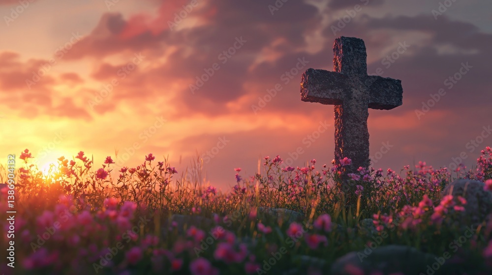 Sunset Serenity: Stone Cross in a Field of Flowers