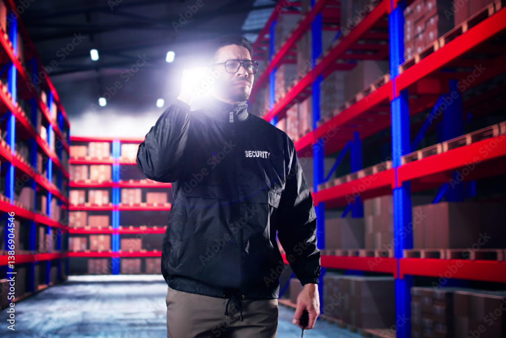Security Guard Man With Flashlight At Warehouse